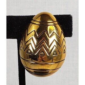 Vintage Signed BEST Gold Tone Easter Egg Etched in Black Brooch Pendant RARE
